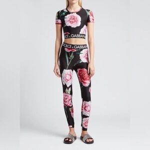 Dolce & Gabbana Black and Pink Rose Leggings